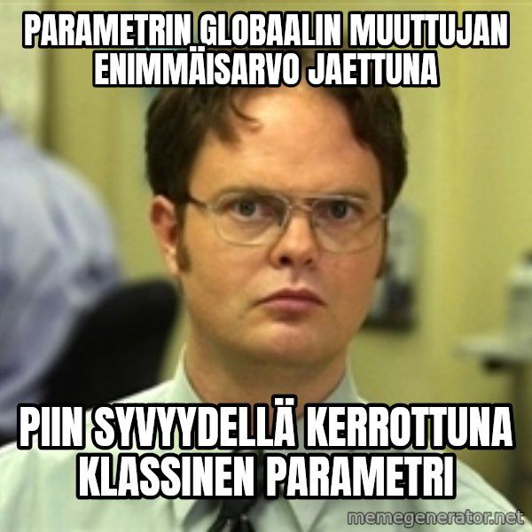 Dwight Schrute meme: parametrin globaalin muuttujan enimmäisarvo jaettuna / piin syvyydellä kerrottuna klassinen parametri