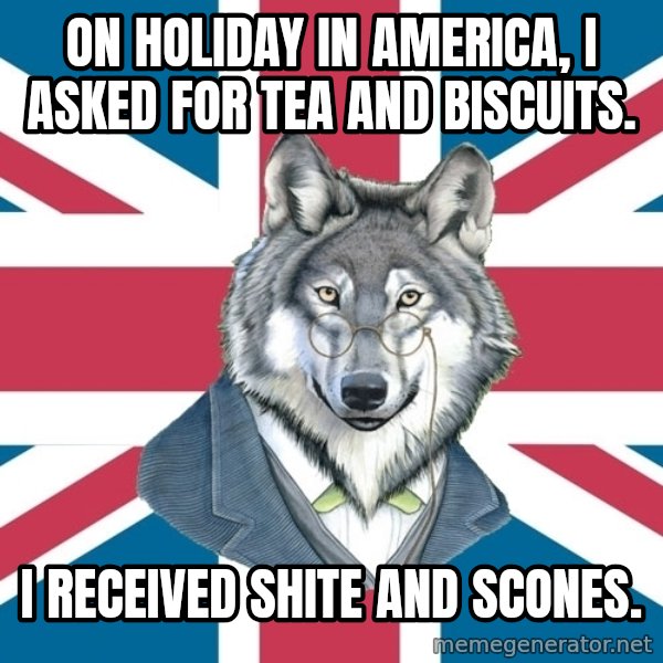 Sir Courage Wolf Esquire meme: On holiday in America, I asked for tea and biscuits. / I RECEIVED shite and scones.