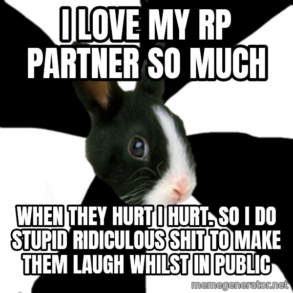 Roleplaying Rabbit meme: I love my rp partner so much / when they hurt i hurt. so i do stupid ridiculous shit to make them laugh whilst in public