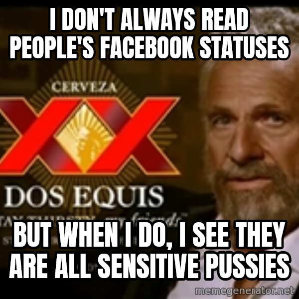 The Most Interesting Man In The World meme: I don't always read people's facebook statuses / but when i do, i see they are all sensitive pussies