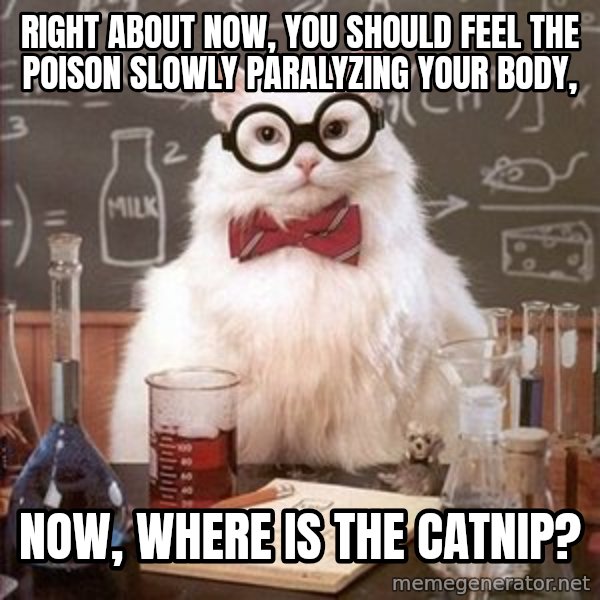 Chemistry Cat meme: right about now, you should feel the poison slowly paralyzing your body, / now, where is the catnip?