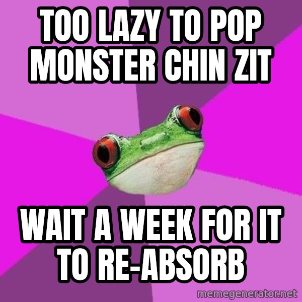 Foul Bachelorette Frog meme: too lazy to pop monster chin zit / wait a week for it to re-absorb