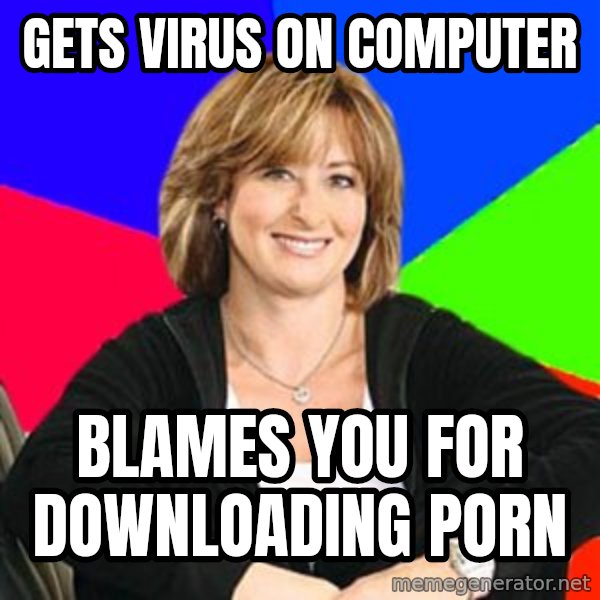Sheltering Suburban Mom meme: Gets virus on computer / blames you for downloading porn