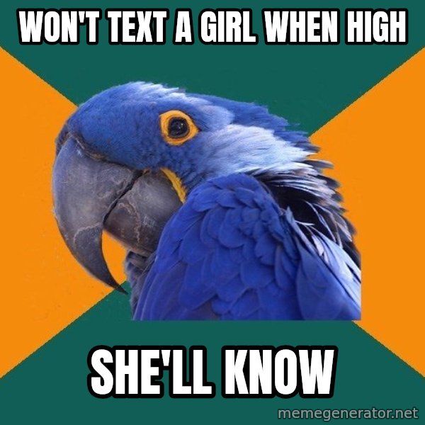 Paranoid Parrot meme: Won't text a girl when High / She'll know