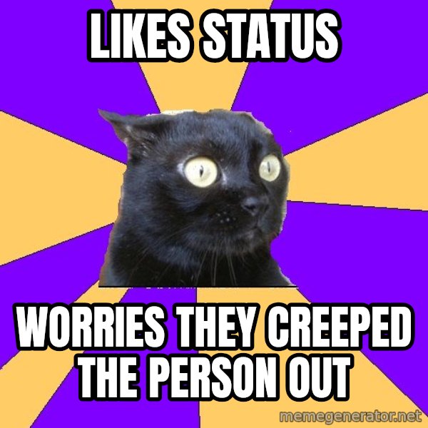 Anxiety Cat meme: likes status / worries they creeped the person out