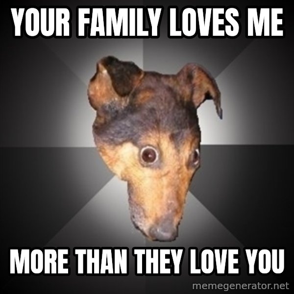 Depression Dog meme: Your family loves me / More than they love you