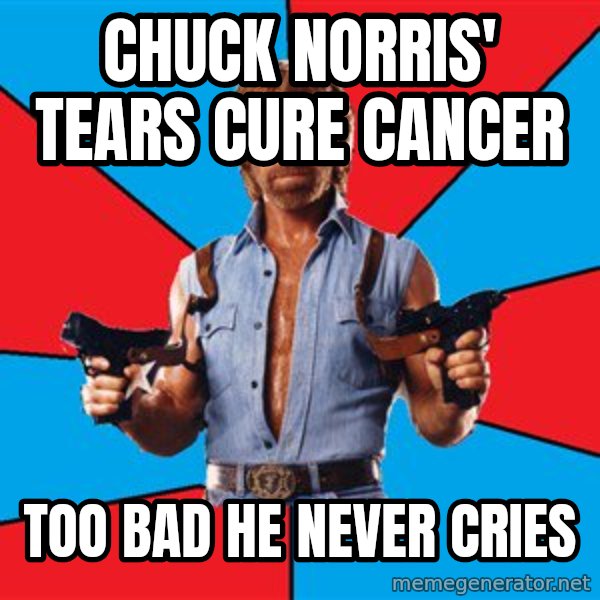 Chuck Norris  meme: chuck norris' tears cure cancer / too bad he never cries