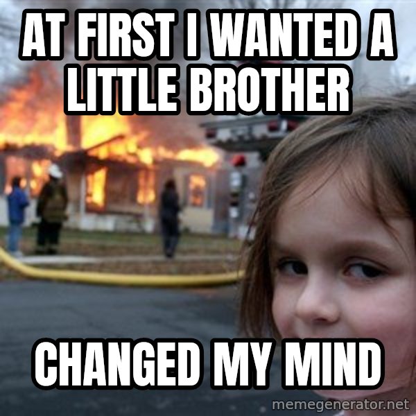 Disaster Girl meme: at first i wanted a little brother / changed my mind