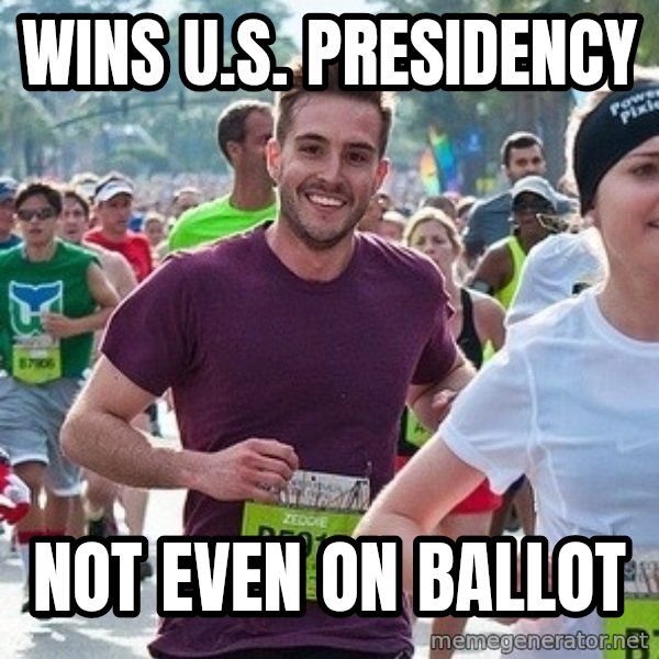 Ridiculously photogenic guy (Zeddie) meme: wins u.s. presidency / not even on ballot
