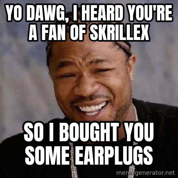 Yo Dawg meme: YO DAWG, I HEARD YOU'RE A FAN OF SKRILLEX / SO I BOUGHT YOU SOME EARPLUGS
