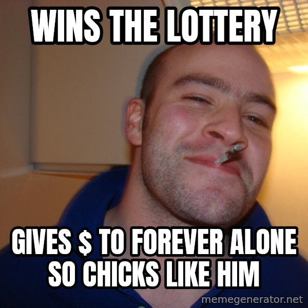 Good Guy Greg meme: Wins the loTtery / Gives $ to forever Alone so chicks Like him