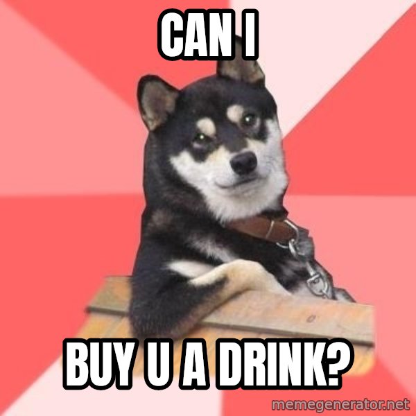 Cool Dog meme: can i / buy u a drink?
