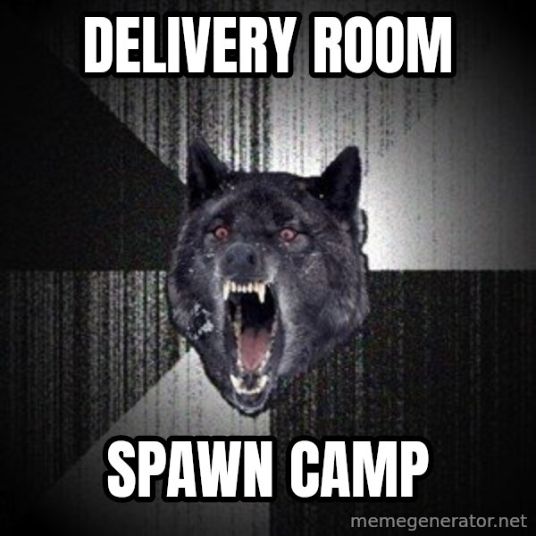 Insanity Wolf meme: Delivery room / spawn camp