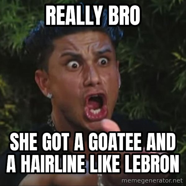 Pauly D meme: really bro / she got a goatee and a hairline like lebron