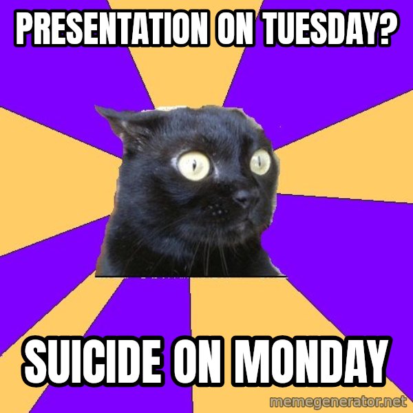 Anxiety Cat meme: presentation on tuesday? / suicide on monday