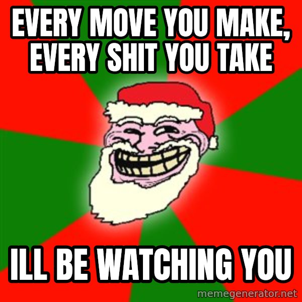 Santa Claus Troll Face meme: every move you make, every shit you take / ill be watching you