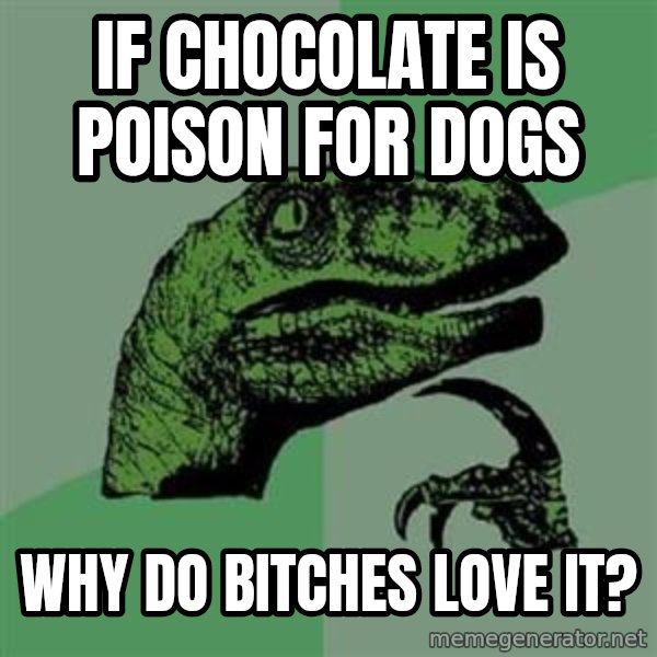 Philosoraptor meme: if chocolate is poison for dogs / why do bitches love it?