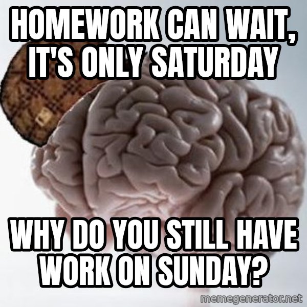 Scumbag Brain meme: Homework can wait, it's only saturday / Why do you still have work on sunday?