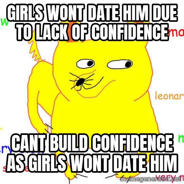 Forever Alone meme: Girls wont date him due to lack of confidence / cant build confidence as girls wont date him
