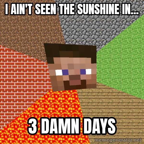 Minecraft Guy meme: I ain't seen the sunshine in... / 3 damn days
