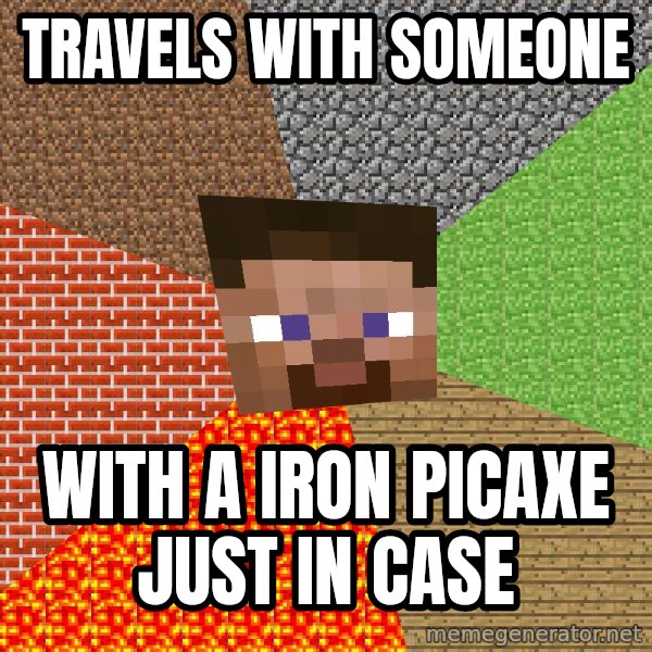 Minecraft Guy meme: Travels with someone / With a iron picaxe just In case