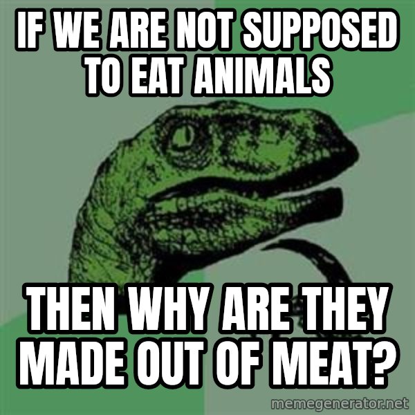 Philosoraptor meme: if we are not supposed to eat  animals / then why are they made out of meat?