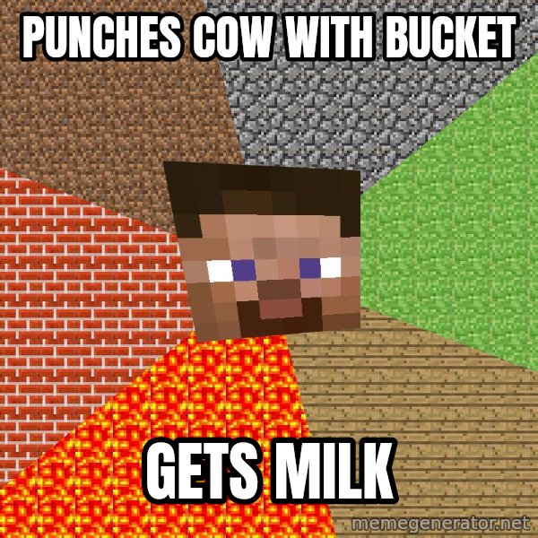 Minecraft Guy meme: Punches cow with Bucket / gets milk
