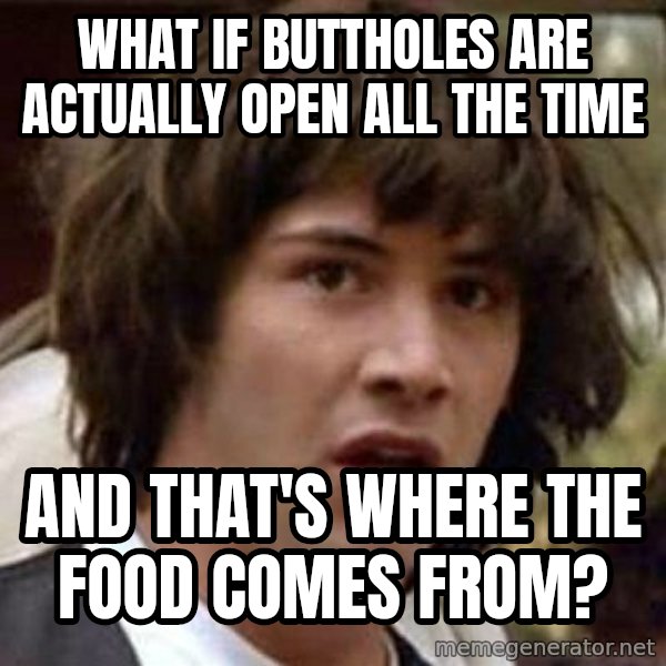 Conspiracy Keanu meme: what if buttholes are actually open all the time / and that's where the food comes from?