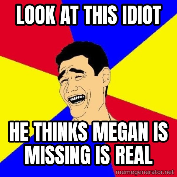 journalist meme: LOOK AT THIS IDIOT / HE THINKS MEGAN IS MISSING IS REAL