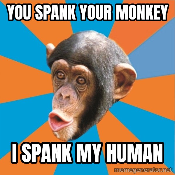 Stupid Monkey meme: you spank your monkey / i spank my human