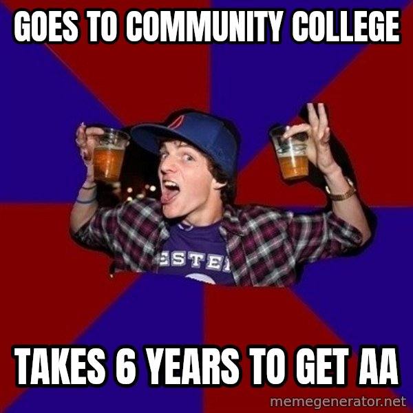 Sunny Student meme: goes to community college / takes 6 years to get aa