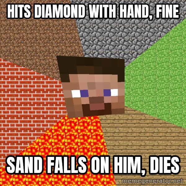 Minecraft Guy meme: Hits Diamond with hand, fine / sand falls on him, dies