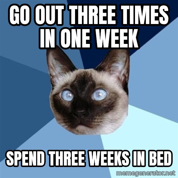 Chronic Illness Cat meme: go out three times in one week / spend three weeks in bed