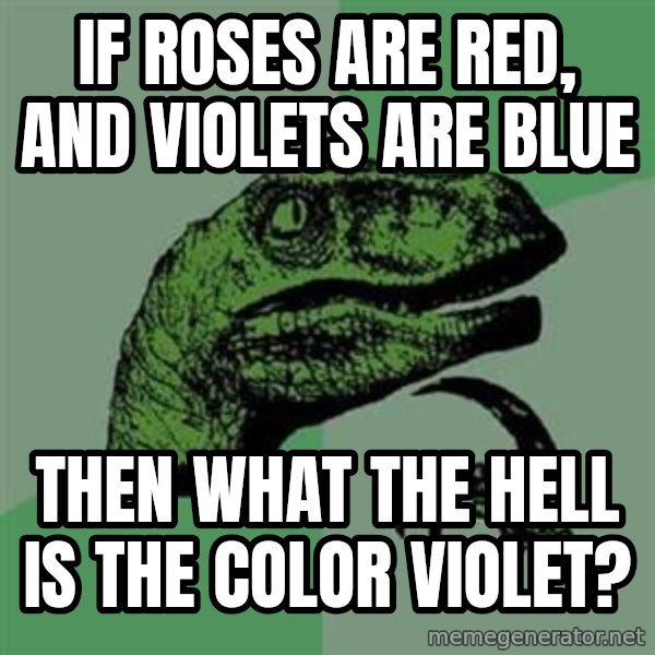 Philosoraptor meme: If roses are red, and violets are blue / then what the hell is the color violet?