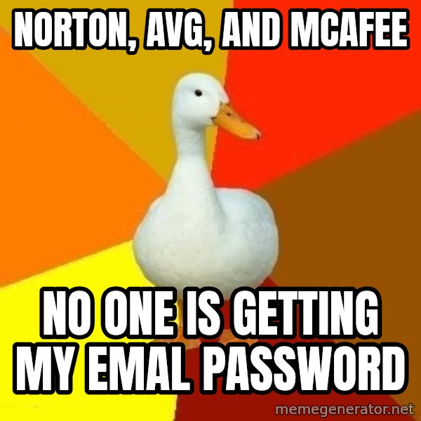 Technologically Impaired Duck meme: Norton, AVG, AND McAfee / No one is getting MY emal password