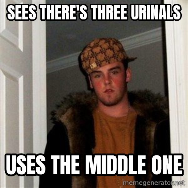 Scumbag Steve meme: sees there's three urinals / uses the middle one