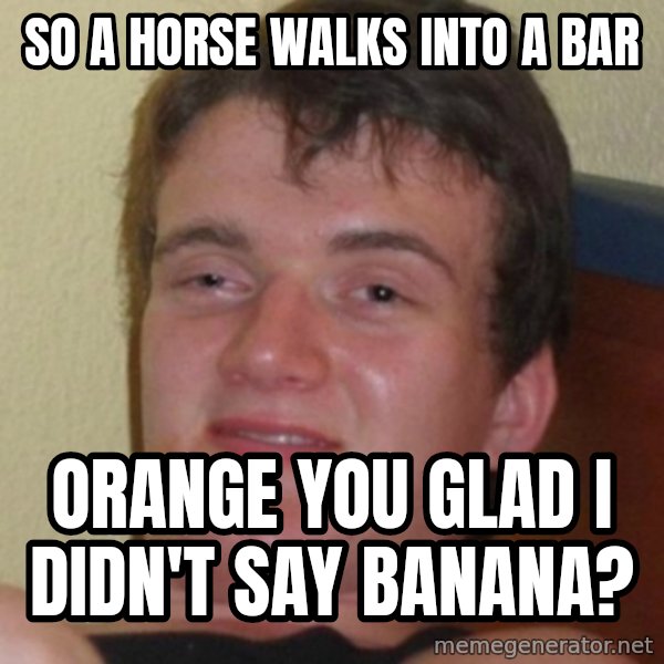 Stoner Guy meme: so a horse walks into a bar / orange you glad i didn't say banana?