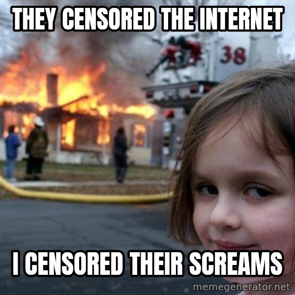 Disaster Girl meme: THEY CENSORED THE INTERNET / I CENSORED THEIR SCREAMS