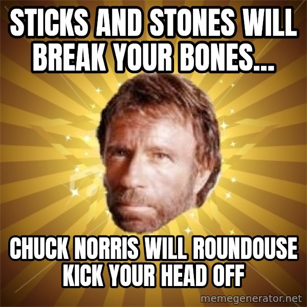 Chuck Norris Advice meme: Sticks and stones will break your bones... / chuck norris will roundouse kick your head off