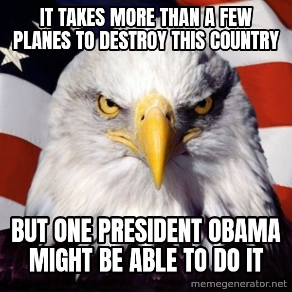 American Pride Eagle meme: it takes more than a few planes to destroy this country / but one president obama might be able to do it