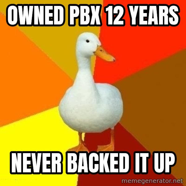 Technologically Impaired Duck meme: owned  pbx 12 years / never backed it up