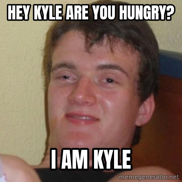 Really Stoned Guy meme: Hey kyle are you hungry? / i am kyle