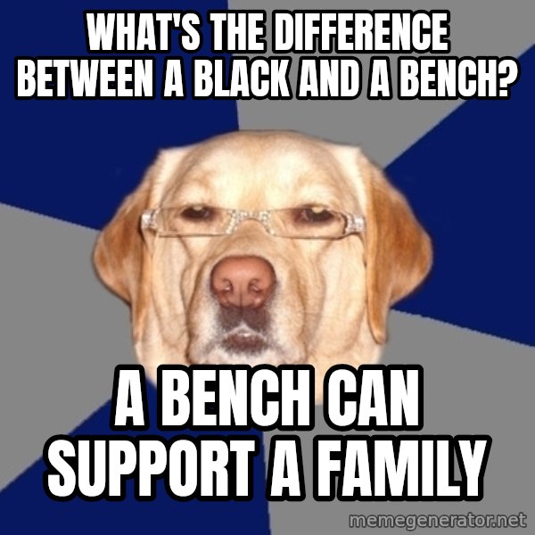 Racist Dog meme: what's the difference between a black and a bench? / A bench can support a family