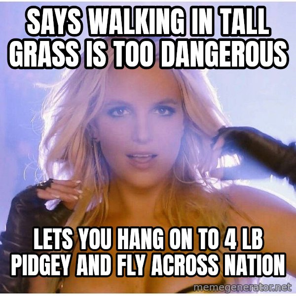 Professor Oak meme: says walking in tall grass is too dangerous / lets you hang on to 4 lb pidgey and fly across nation