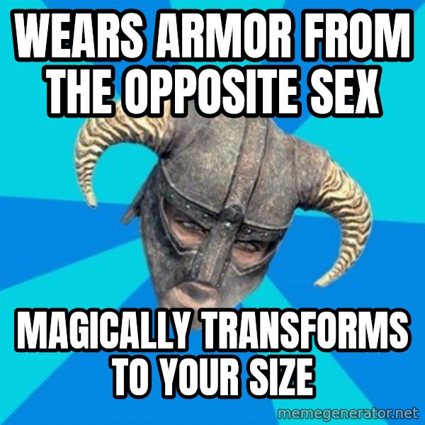 skyrim stan meme: wears armor from the opposite sex / magically transforms to your size