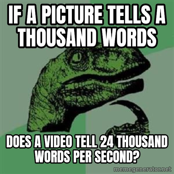 Philosoraptor meme: if a picture tells a thousand words / does a video tell 24 thousand words per second?
