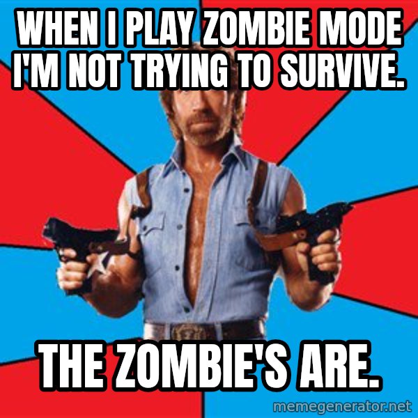 Chuck Norris  meme: When i play zombie mode i'm not trying to survive. / the zombie's are.