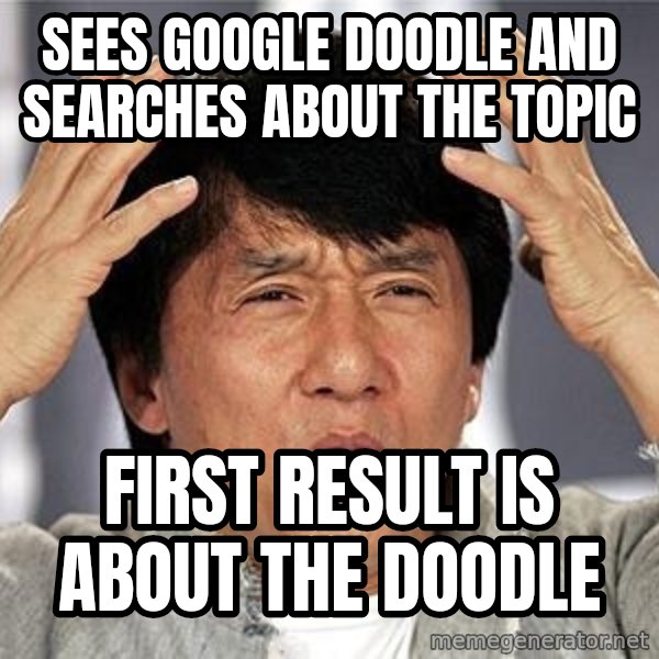 Confused Jackie Chan meme: SEES GOOGLE DOODLE AND SEARCHES ABOUT THE TOPIC / FIRST RESULT IS ABOUT THE DOODLE