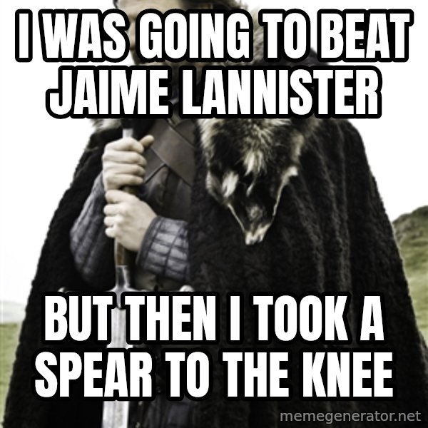 Ned Stark meme: I was going to beat jaime lannister / but then i took a spear to the knee
