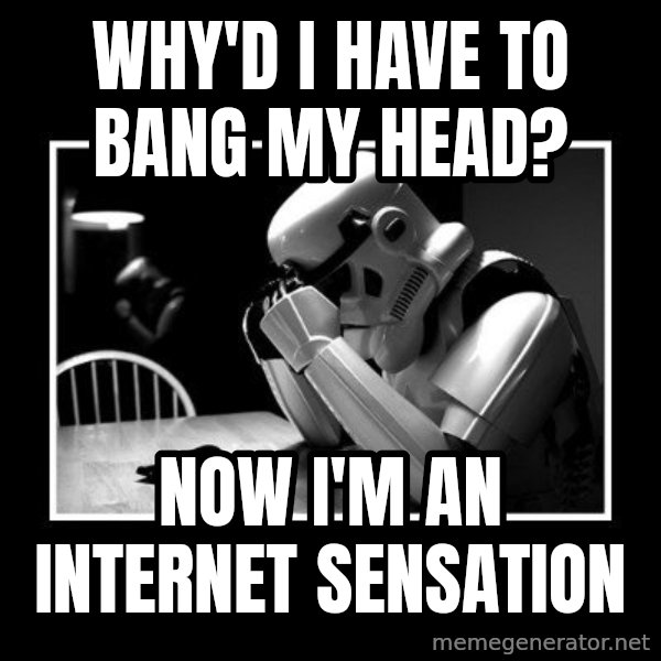 Sad Trooper meme: Why'd I have to bang my head? / now i'm an internet sensation